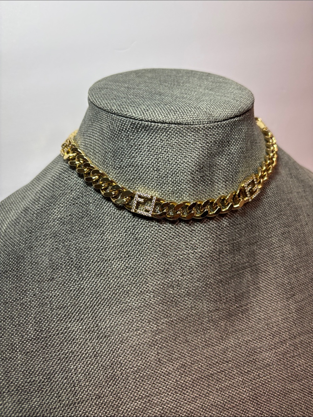 Gold Cuban Link Choker Necklace with Pave Initial Accent